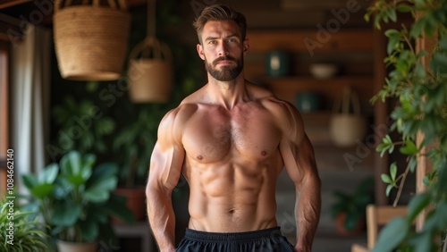 Muscular man showcasing fitness in a cozy indoor environment surrounded by plants in the soft glow of morning light