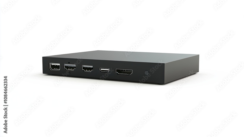 A black rectangular device with several ports on the back, including USB and HDMI. A black rectangular device with several ports on the back, including USB and HDMI.