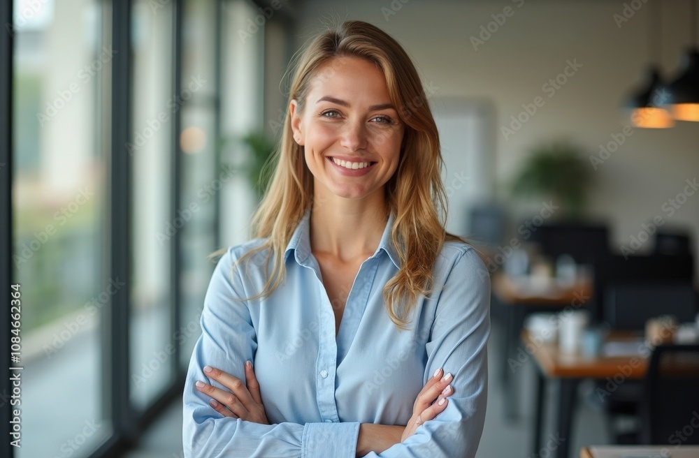 Smiling young woman with long hair stands confidently in a modern office setting, embracing her professional environment during daylight hours Smiling young woman with long hair stands confidently in a modern office setting, embracing her professional environment during daylight hours