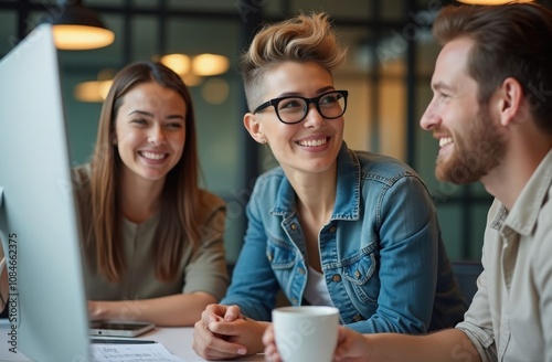 A lively discussion among friends in a modern workspace with coffee cups and a computer