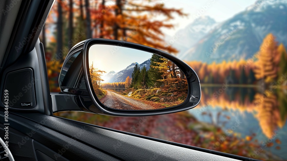 Autumnal Mountain Road Reflected in a Car's Side Mirror Autumnal Mountain Road Reflected in a Car's Side Mirror