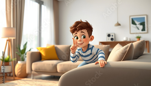 Portrait of adorable curly little boy sucking thumb climbing on sofa in modern living room apartment isolated with white highlights, png photo