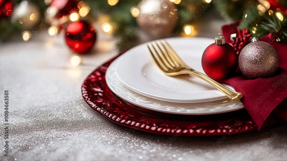Festive Christmas Table Setting Red Gold Dinnerware Ornaments Festive Christmas Table Setting Red Gold Dinnerware Ornaments
