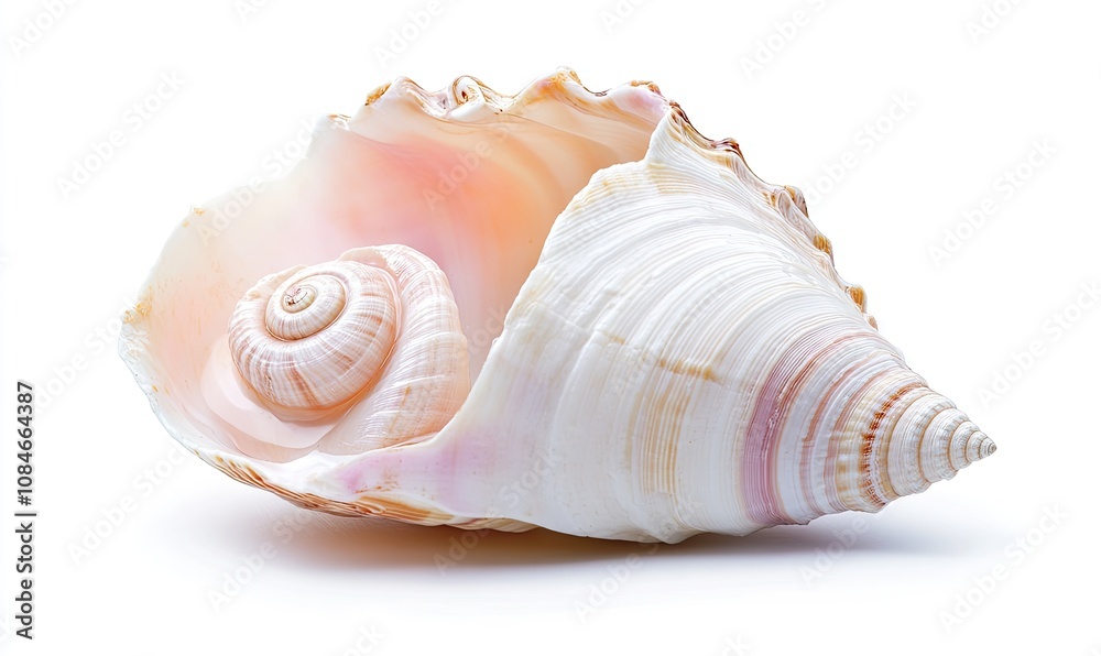 A large, spiraled seashell with a white, pink, and orange shell, isolated on a white background. A large, spiraled seashell with a white, pink, and orange shell, isolated on a white background.
