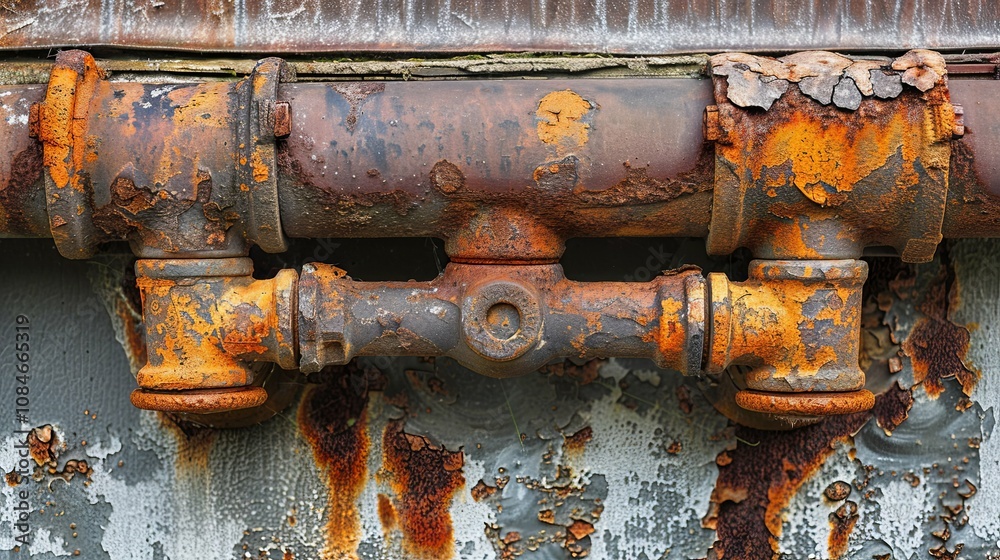 Heavily rusted and weathered industrial pipe system with fittings. Heavily rusted and weathered industrial pipe system with fittings.