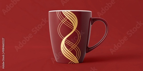 Unique Mug A modern mug with a sleek silhouette showcasing a dynamic gold s design spiraling upward against a rich red background. photo