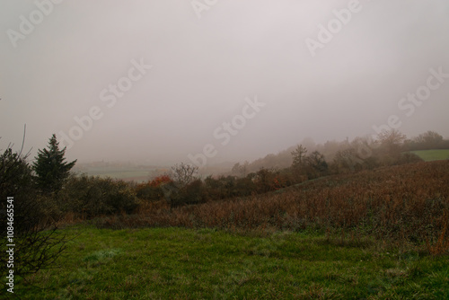 Fog outside the city on a cloudy autumn day in Bavaria.