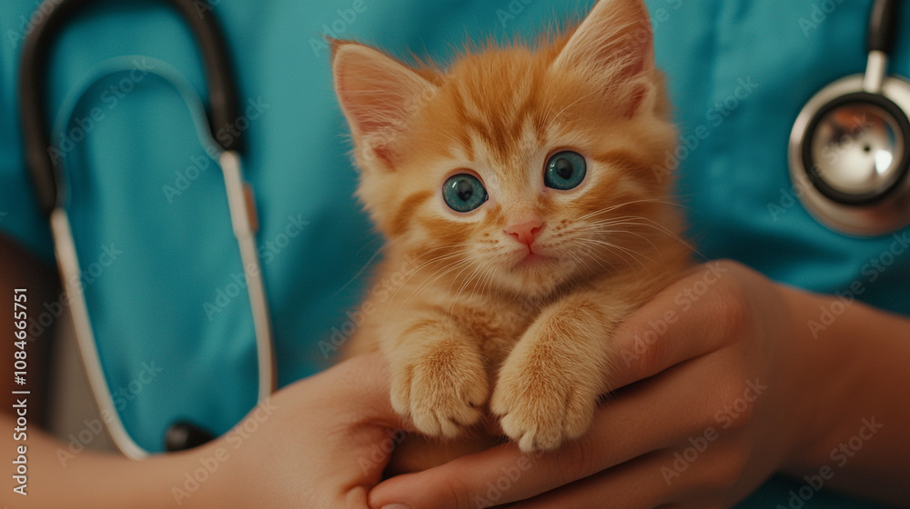 Naklejka premium Adorable Ginger Kitten in Vet s Hands Pet Care Veterinary Medicine