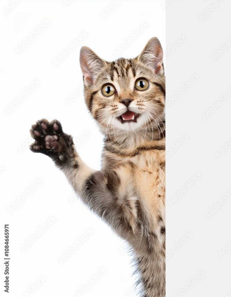 Happy cat peeks out from behind a banner and waving his paw. isolated on white background Happy cat peeks out from behind a banner and waving his paw. isolated on white background