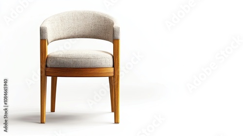 A single, isolated, modern armchair with a light beige fabric seat and wooden legs. The chair is against a plain white background.