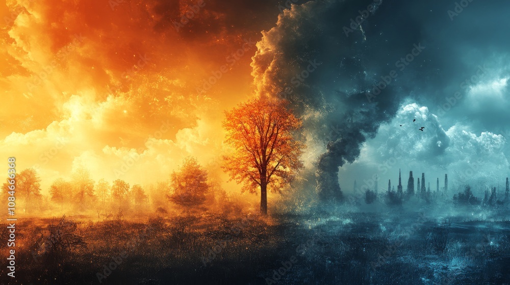 Dual Worlds: A Tree Stands Between Nature's Embrace and Industrial Gloom Dual Worlds: A Tree Stands Between Nature's Embrace and Industrial Gloom