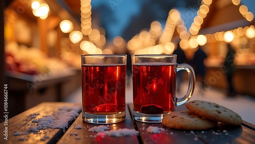Two glasses of hot mulled wine with chocolate chip cookies at a Christmas market illuminated in the evening, at night in December. Winter. Holiday.