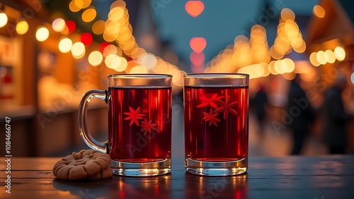 Two glasses of hot mulled wine with chocolate chip cookies at a Christmas market illuminated in the evening, at night in December. Winter. Holiday.