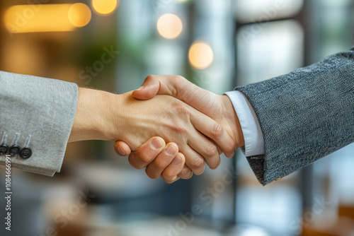 Business handshake between two professionals sealing a deal in a modern office photo