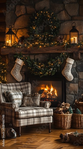 Obraz na płótnie Stone fireplace with glowing garland, stockings, and a plaid armchair in a festive Christmas living room setup w salonie