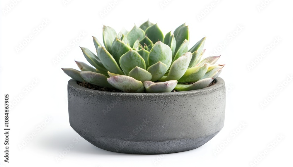 Echeveria succulent in a gray pot, isolated on white background.