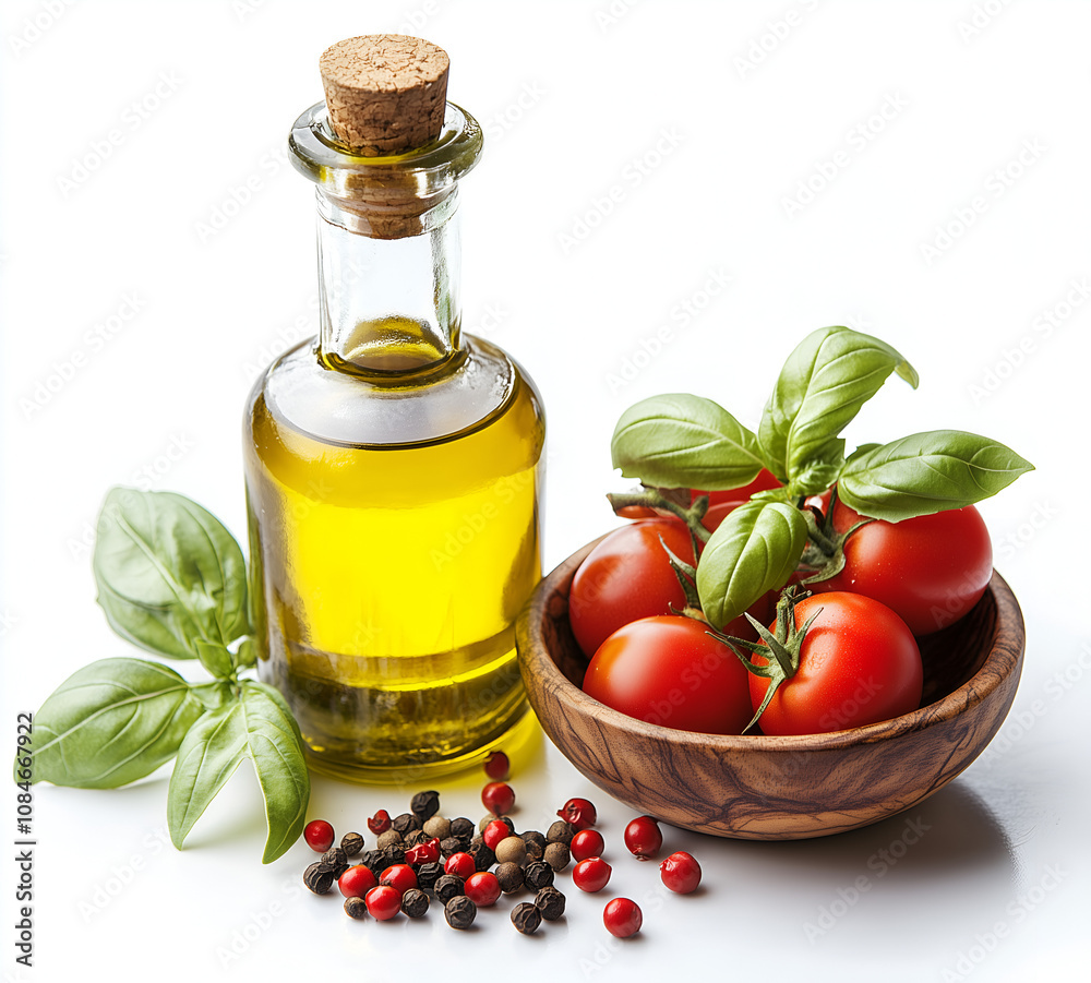 bottle of olive oil, a small wooden bowl with red and white peppercorns inside, fresh tomatoes on the right side, basil leaves next to them, all set against a pure white background. bottle of olive oil, a small wooden bowl with red and white peppercorns inside, fresh tomatoes on the right side, basil leaves next to them, all set against a pure white background.