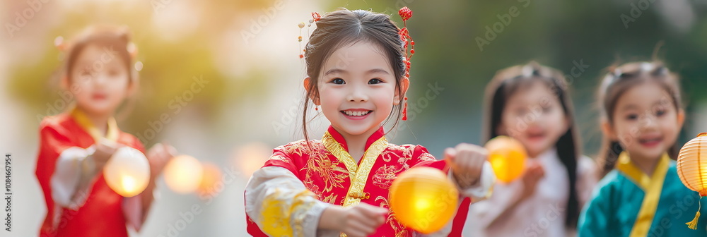 Group of children dressed in traditional costumes participating in a mini parade, carrying small lanterns and smiling as they celebrate the Chinese New Year with joy. Horizontal banner with copy space Group of children dressed in traditional costumes participating in a mini parade, carrying small lanterns and smiling as they celebrate the Chinese New Year with joy. Horizontal banner with copy space