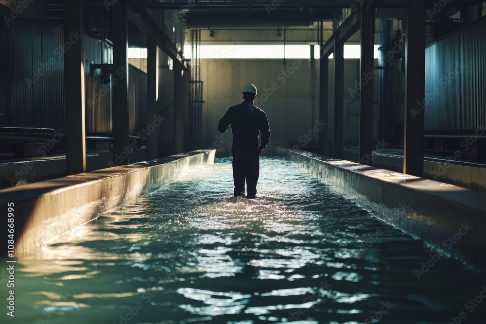 Water treatment plant worker walking in water channel Water treatment plant worker walking in water channel