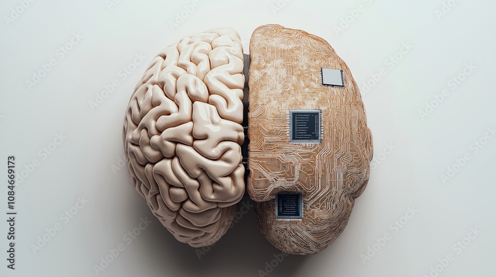 Conceptual image representing artificial intelligence, combining a human brain with circuit board elements signifying technological integration and neuroscience. Conceptual image representing artificial intelligence, combining a human brain with circuit board elements signifying technological integration and neuroscience.