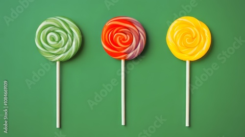 Colorful Spiral Lollipops Against a Vibrant Green Background