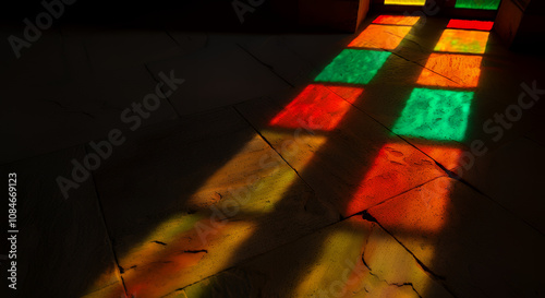 Sunlight Through Colored Stained Glass Casting Patterns on Stone Floor photo