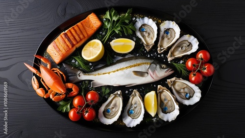 Fresh seafood platter with salmon, fish, crabs, oyster, lemon, cherry tomatoes, herbs, spices, olive oil, and salt on a black wooden background. Generative ai  photo