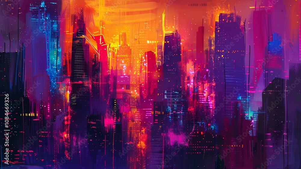 Wallpaper An abstract painting of a futuristic cityscape, featuring towering skyscrapers illuminated by neon lights in a vibrant color palette Wallpaper An abstract painting of a futuristic cityscape, featuring towering skyscrapers illuminated by neon lights in a vibrant color palette