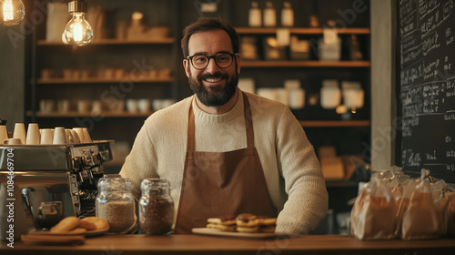 Happy Barista Coffee Shop Owner Small Business Bakery