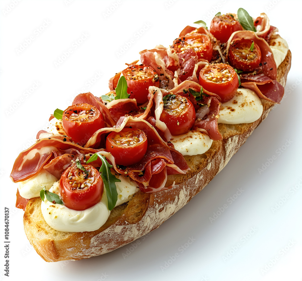 charming baguette sandwich with mozzarella, prosciutto cotto, and cherry tomatoes on a white background. charming baguette sandwich with mozzarella, prosciutto cotto, and cherry tomatoes on a white background.