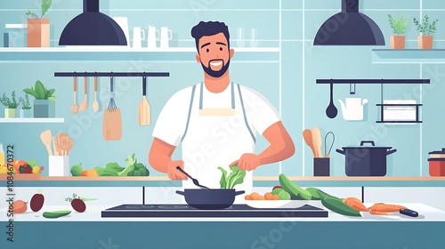 Man Cooking in a Minimalist Kitchen