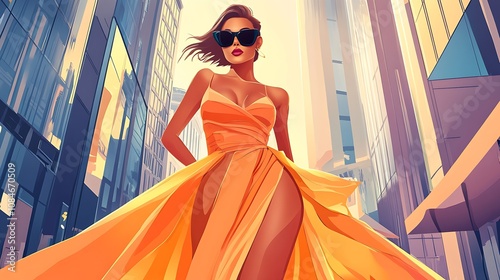Fashionable Woman Walking in a Bustling City
