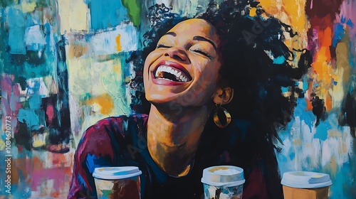 Woman Laughing with Friends at a Café