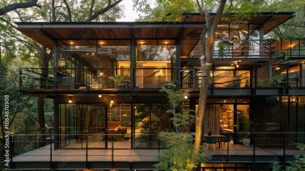 A modern glass house surrounded by lush trees, featuring open architecture with metal frames, wooden accents, and rooftop greenery, blending harmoniously with its natural environment. A modern glass house surrounded by lush trees, featuring open architecture with metal frames, wooden accents, and rooftop greenery, blending harmoniously with its natural environment.