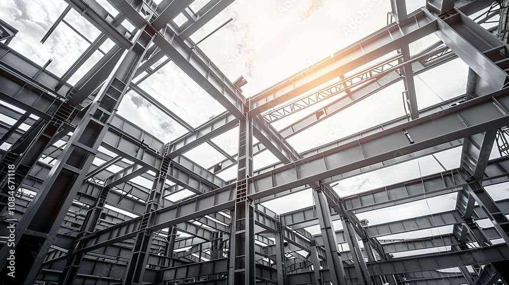 Steel Structure Framework of a Building Under Construction Against a Cloudy Sky Steel Structure Framework of a Building Under Construction Against a Cloudy Sky