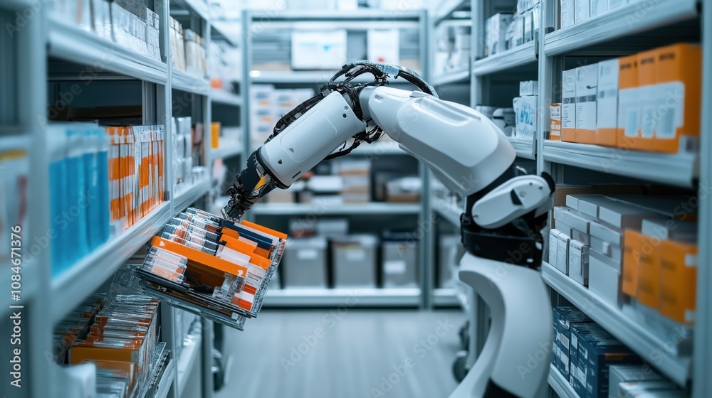 Robotic arm organizing and managing pharmaceuticals in a modern automated pharmacy storage room with shelves filled with various medicine boxes Robotic arm organizing and managing pharmaceuticals in a modern automated pharmacy storage room with shelves filled with various medicine boxes