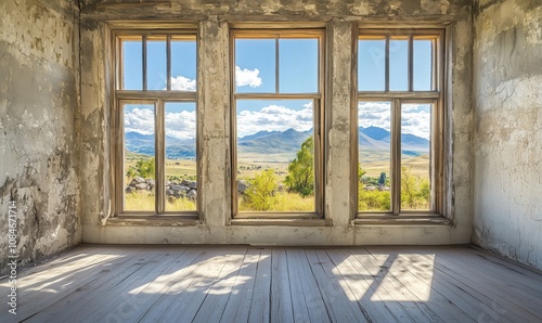 Abandoned room with mountain view, cracked walls, wooden floor, natural light streaming through windows, scenic landscape outside