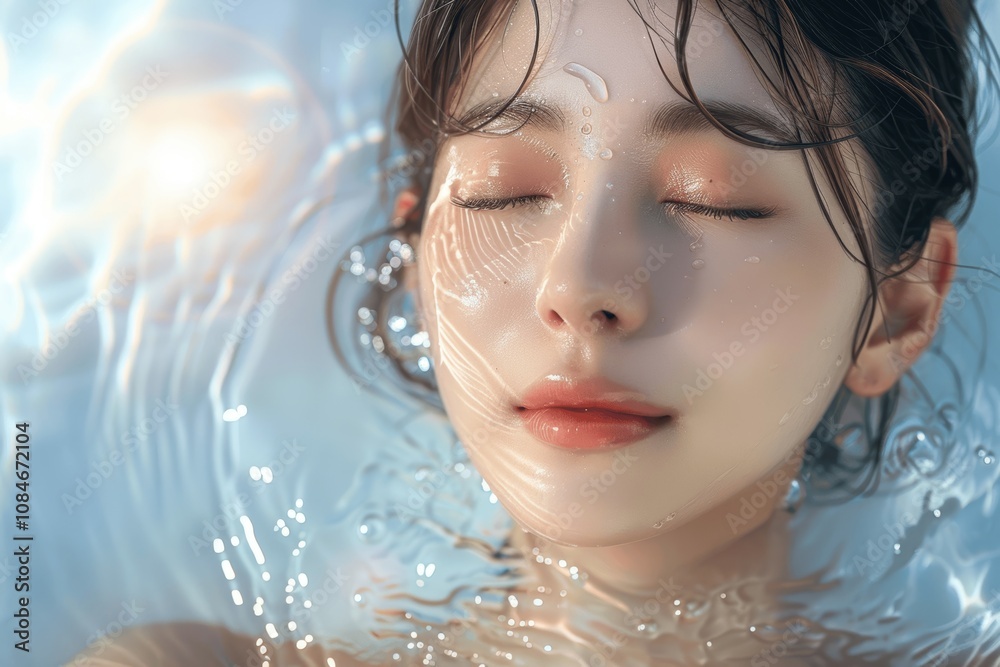 Asian Woman Relaxing in Water for Skincare Spa Advertisement Asian Woman Relaxing in Water for Skincare Spa Advertisement