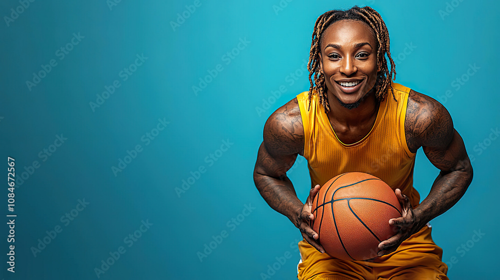 Athletic man holding a basketball and smiling confidently, wearing a yellow jersey on a teal background. AI-generated Athletic man holding a basketball and smiling confidently, wearing a yellow jersey on a teal background. AI-generated