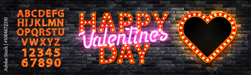 Vector neon sign of Happy Valentine's Day with neon alphabet and heart billboard isolated on wall background.