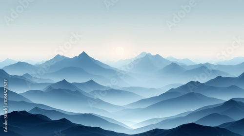 A tranquil and minimalist depiction of mountain ranges fading into the horizon, bathed in soft light. 