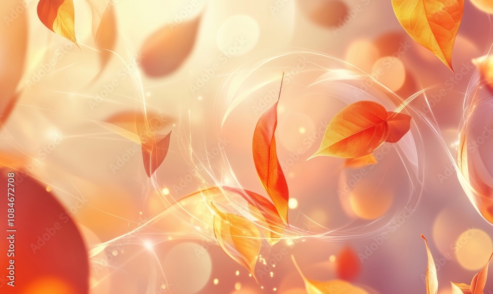 Autumn leaves swirling in soft light, vibrant orange and red hues, ethereal background with bokeh effect, gentle motion, warm atmosphere Autumn leaves swirling in soft light, vibrant orange and red hues, ethereal background with bokeh effect, gentle motion, warm atmosphere