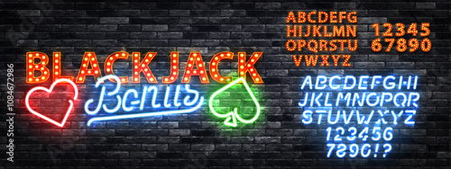 Vector neon sign of BlackJack Bonus with neon alphabet and billboards isolated on wall background.