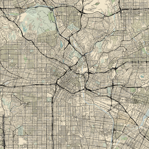 City labeled map of Los Angeles, California, USA