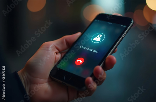 Smartphone with incoming call from unknown number glowing icon, spam detected. photo