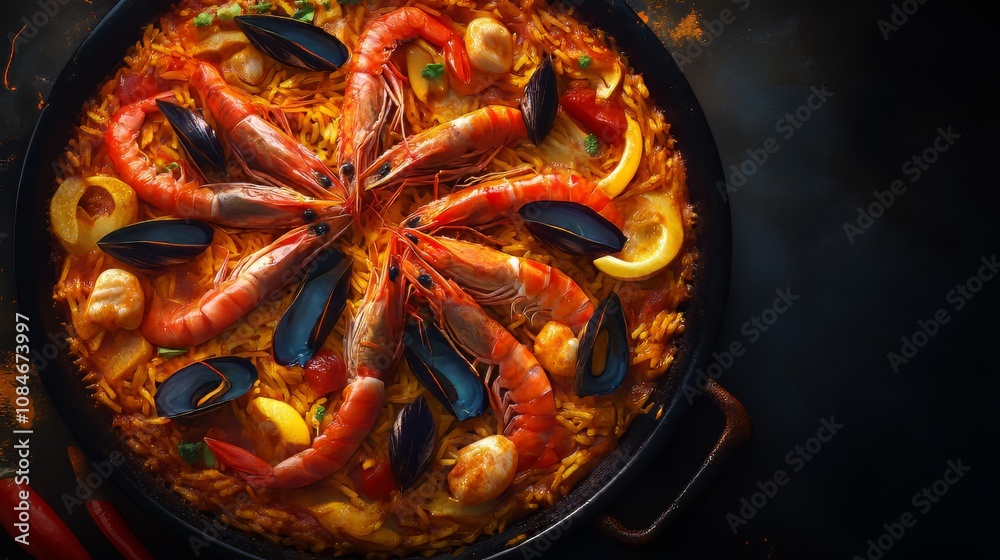 Spanish seafood paella, top view. seafood. Ultra realistic. Photorealistic hypermaximalist advertising photography hyper realistic fine detail