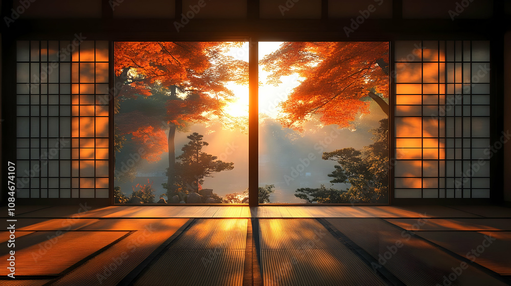 Autumn Sunset Through Japanese Shoji Screens Illustration Autumn Sunset Through Japanese Shoji Screens Illustration