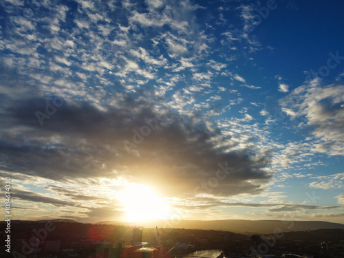 High Angle View of Newport City on River Usk Wales, United Kingdom During Sunset. Aerial Footage Was Captured with Drone's Camera on May 27th, 2024 photo