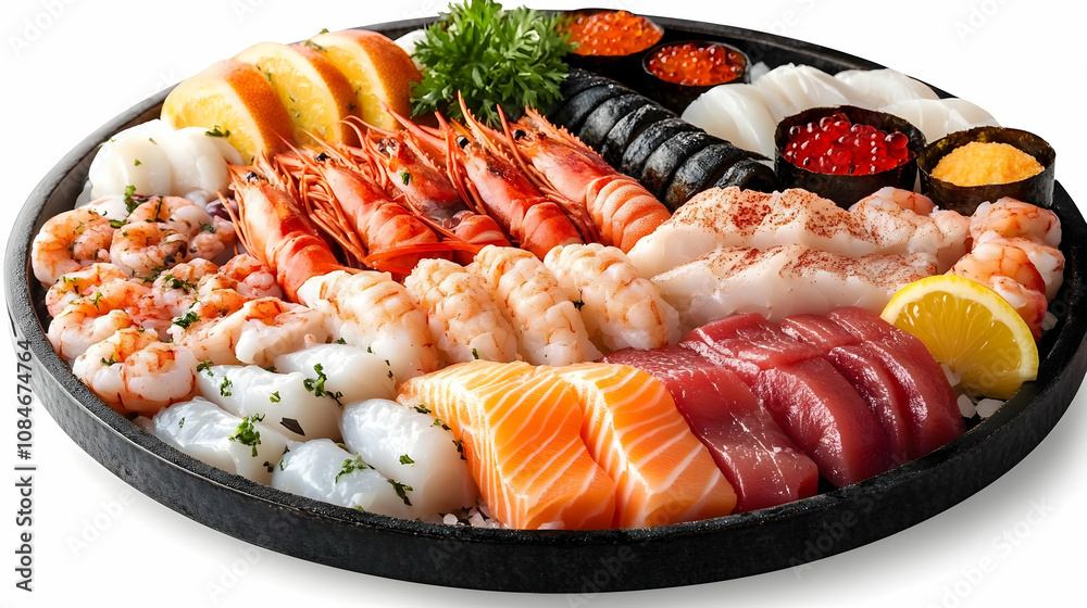 Sushi and Sashimi Platter with Shrimp, Salmon, Tuna, and Scallops - Realistic Food Image Sushi and Sashimi Platter with Shrimp, Salmon, Tuna, and Scallops - Realistic Food Image