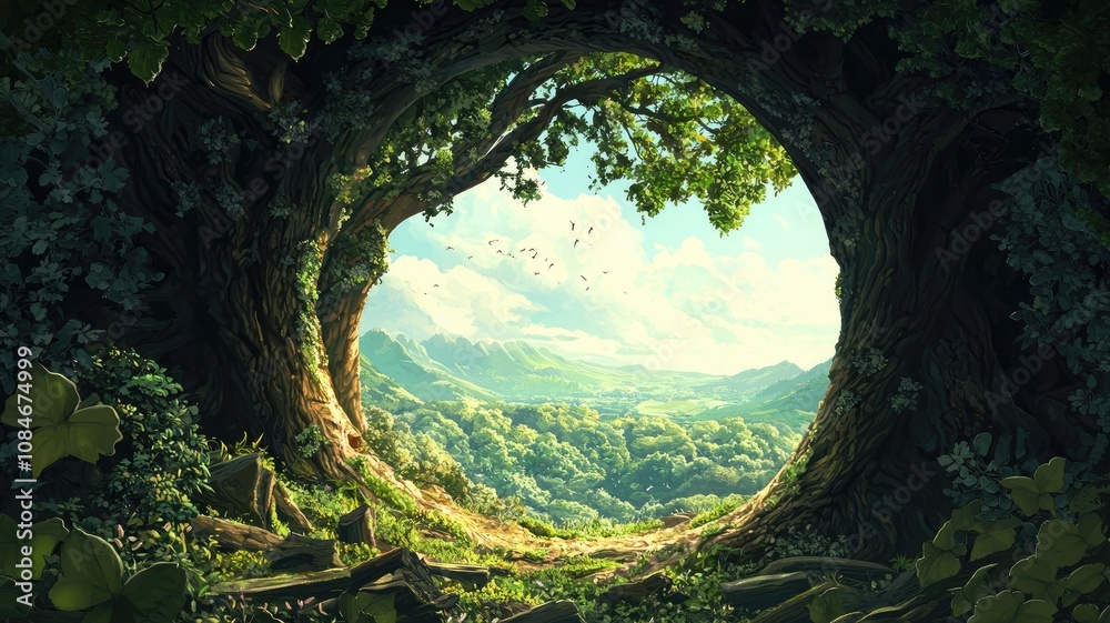 A View Through the Tree Trunk, Revealing a Lush Valley and Distant Mountains A View Through the Tree Trunk, Revealing a Lush Valley and Distant Mountains